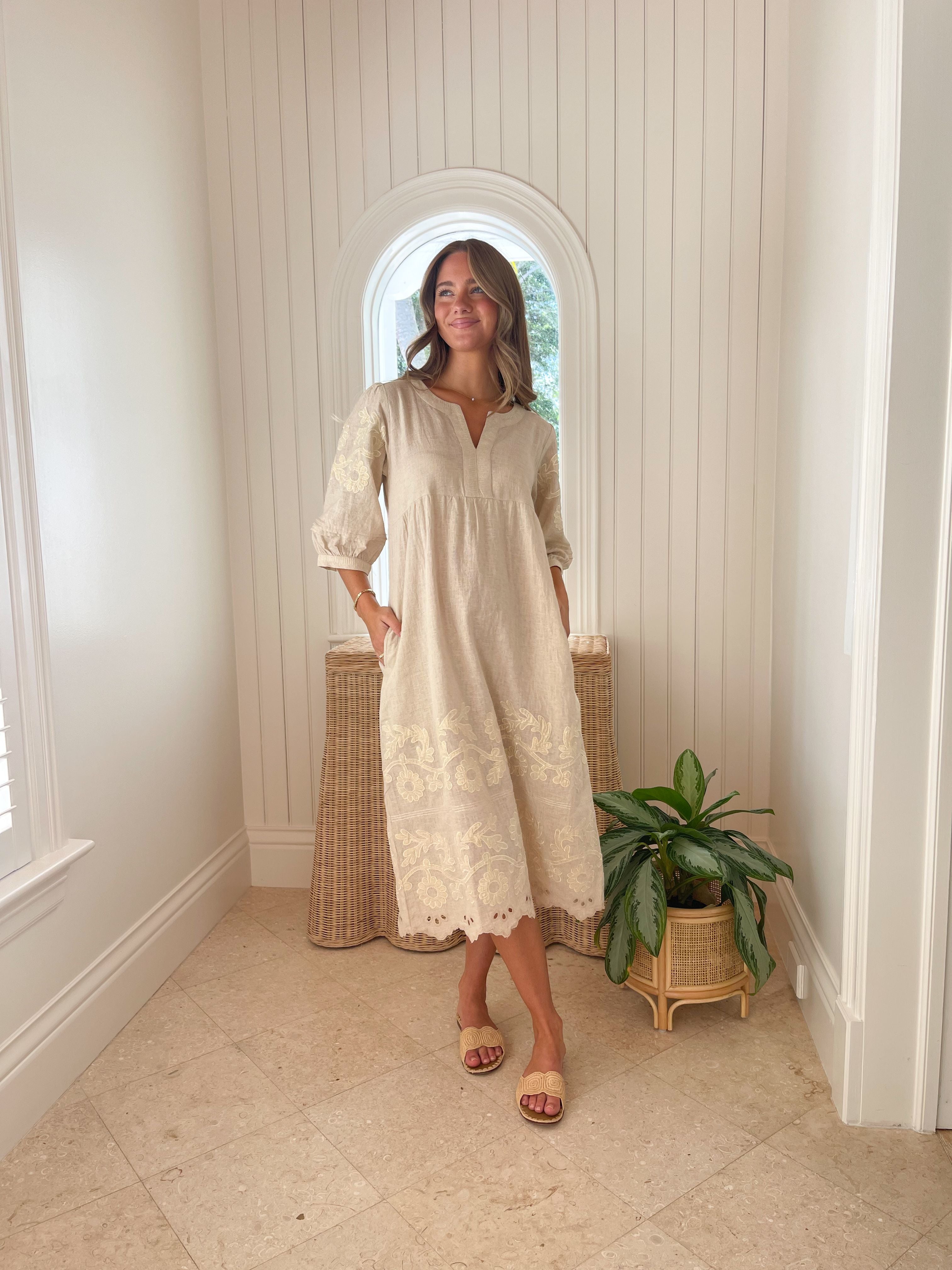 FINAL SALE ROSE AND ROSE Grange Dress Natural with Gold