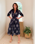 LOLA AUSTRALIA Daisy Boo Midi Dress Wreath Navy