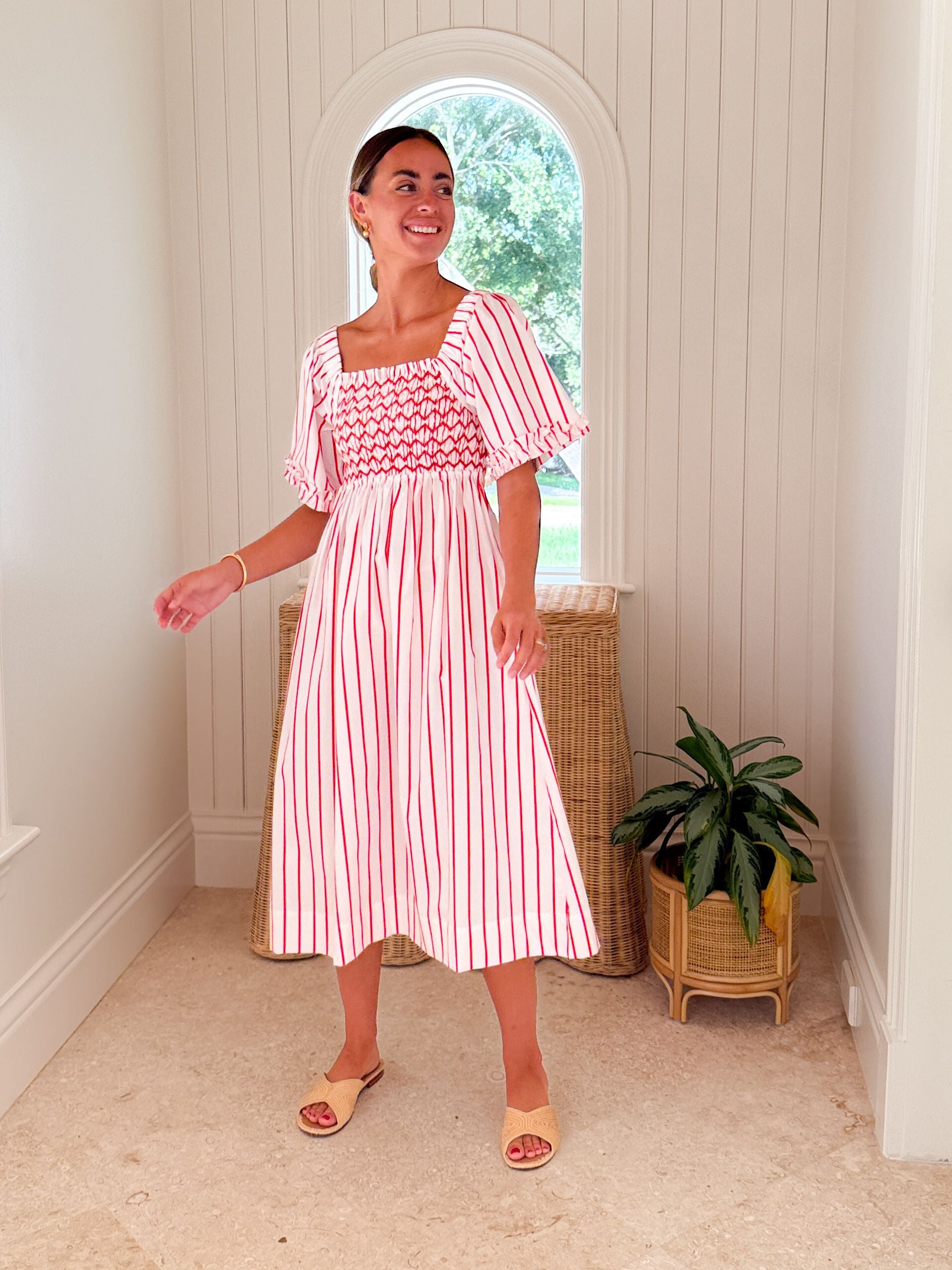 SMOCK LONDON Josefine Butler Dress Aquafresh Stripe w/ Big Apple