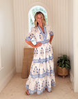 OLIPHANT V-Neck Cuffed Maxi Laguna Blue