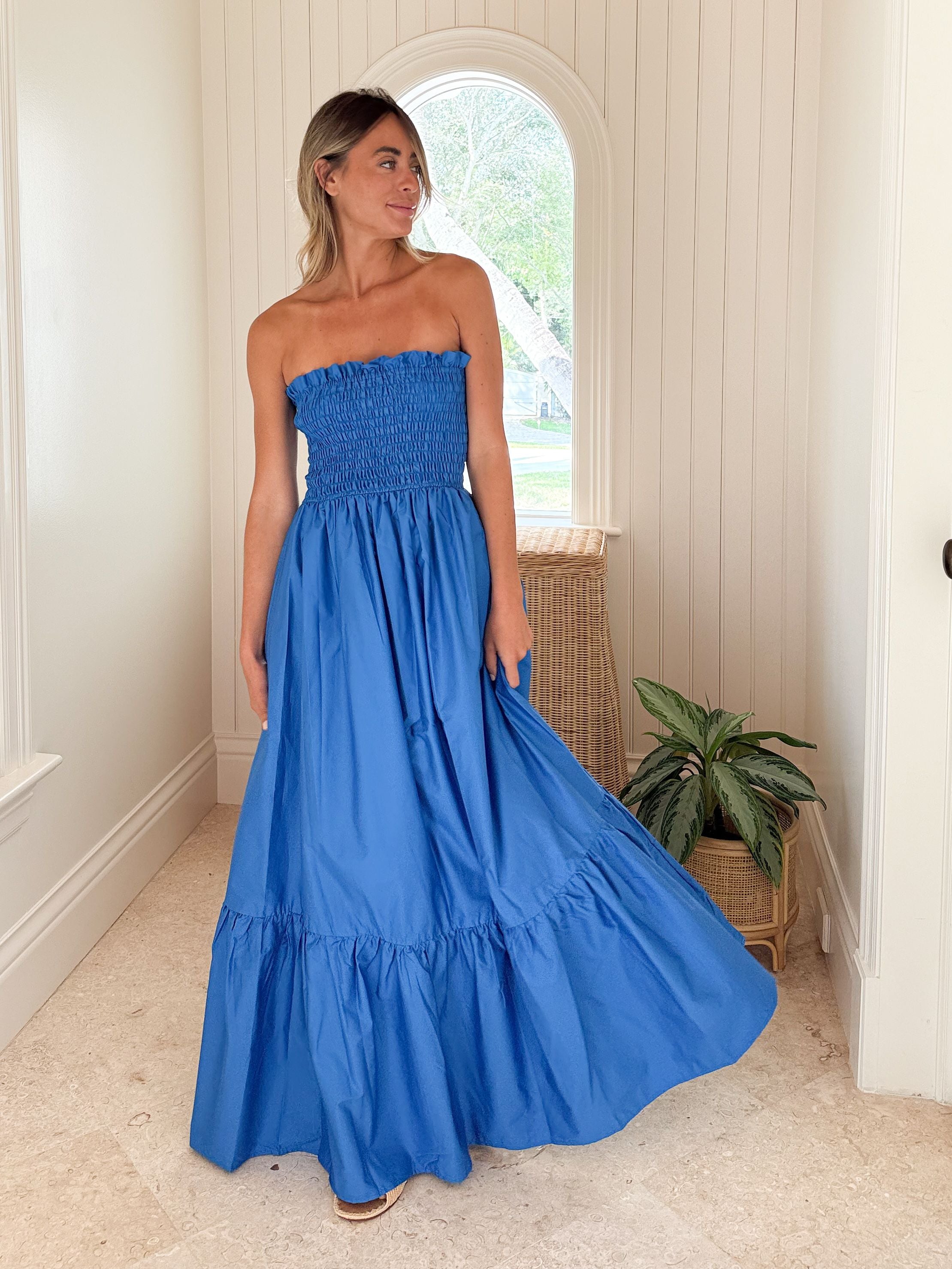 KASIA Cosmos Strapless Smocked Maxi Dress Blue