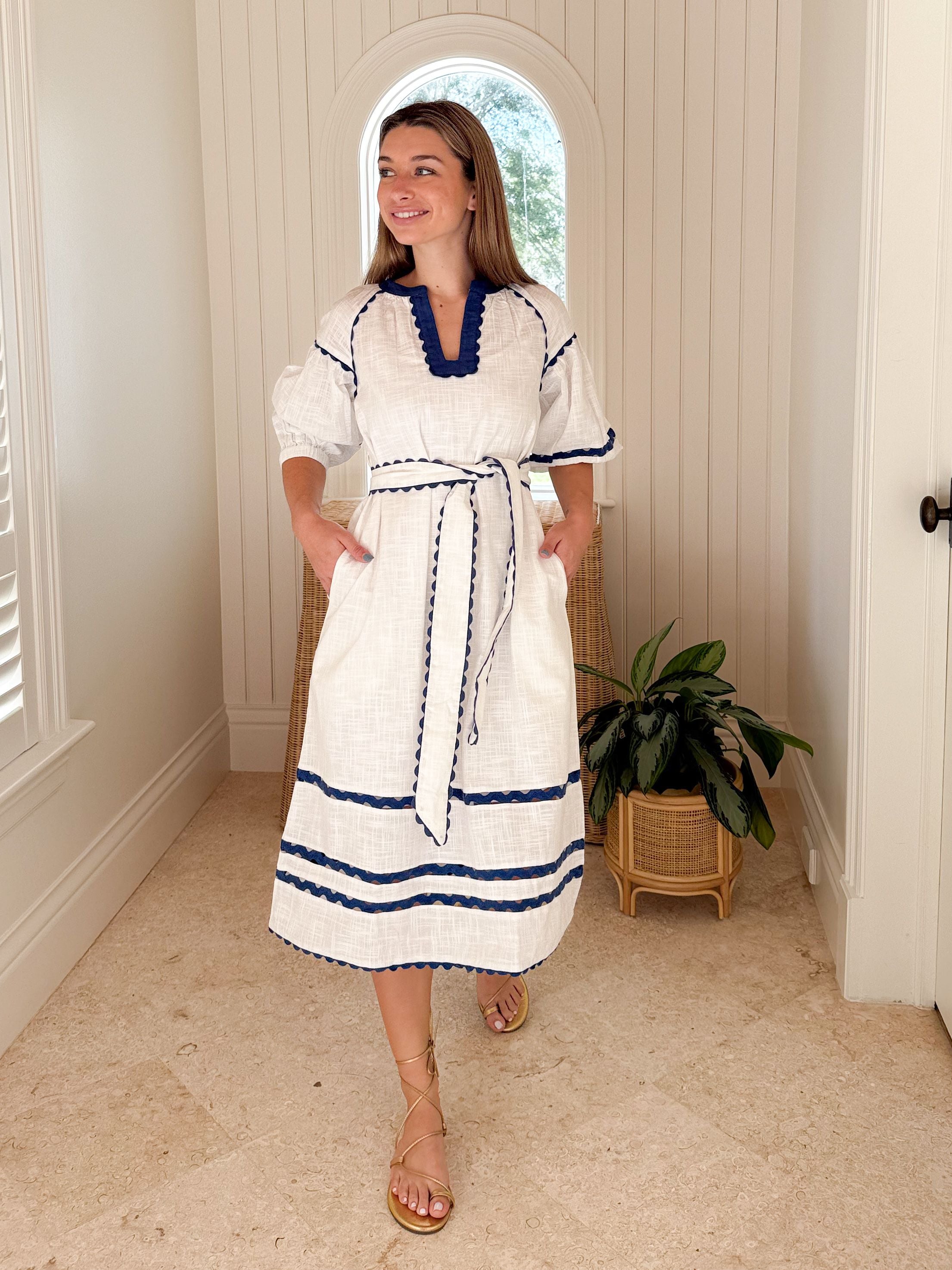 ROSE AND ROSE Fulham Dress White w/ Blue