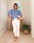 OLIPHANT Ruffle Front Button Blouse Devon Blue