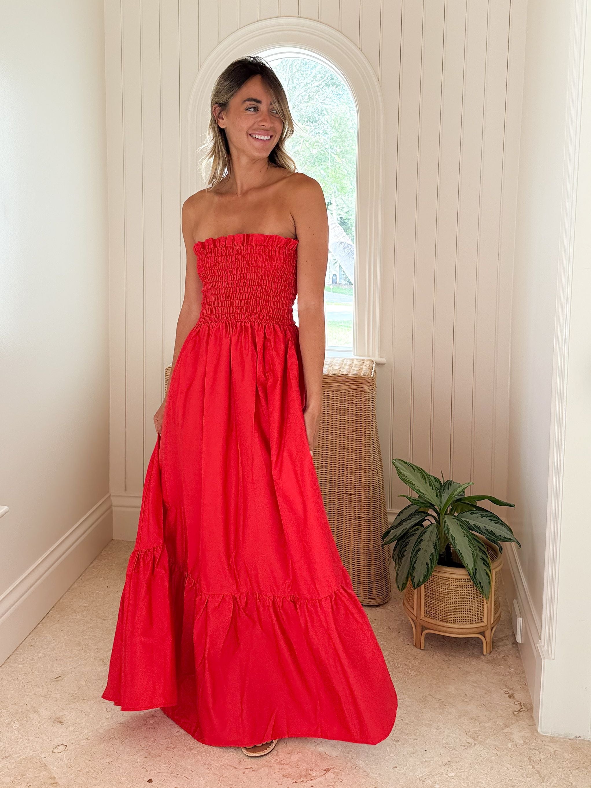 KASIA Cosmos Strapless Smocked Maxi Dress Red
