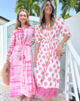 FINAL SALE MER ST. BARTH Estelle Women's Fringed Shirtdress White Pink Ikat