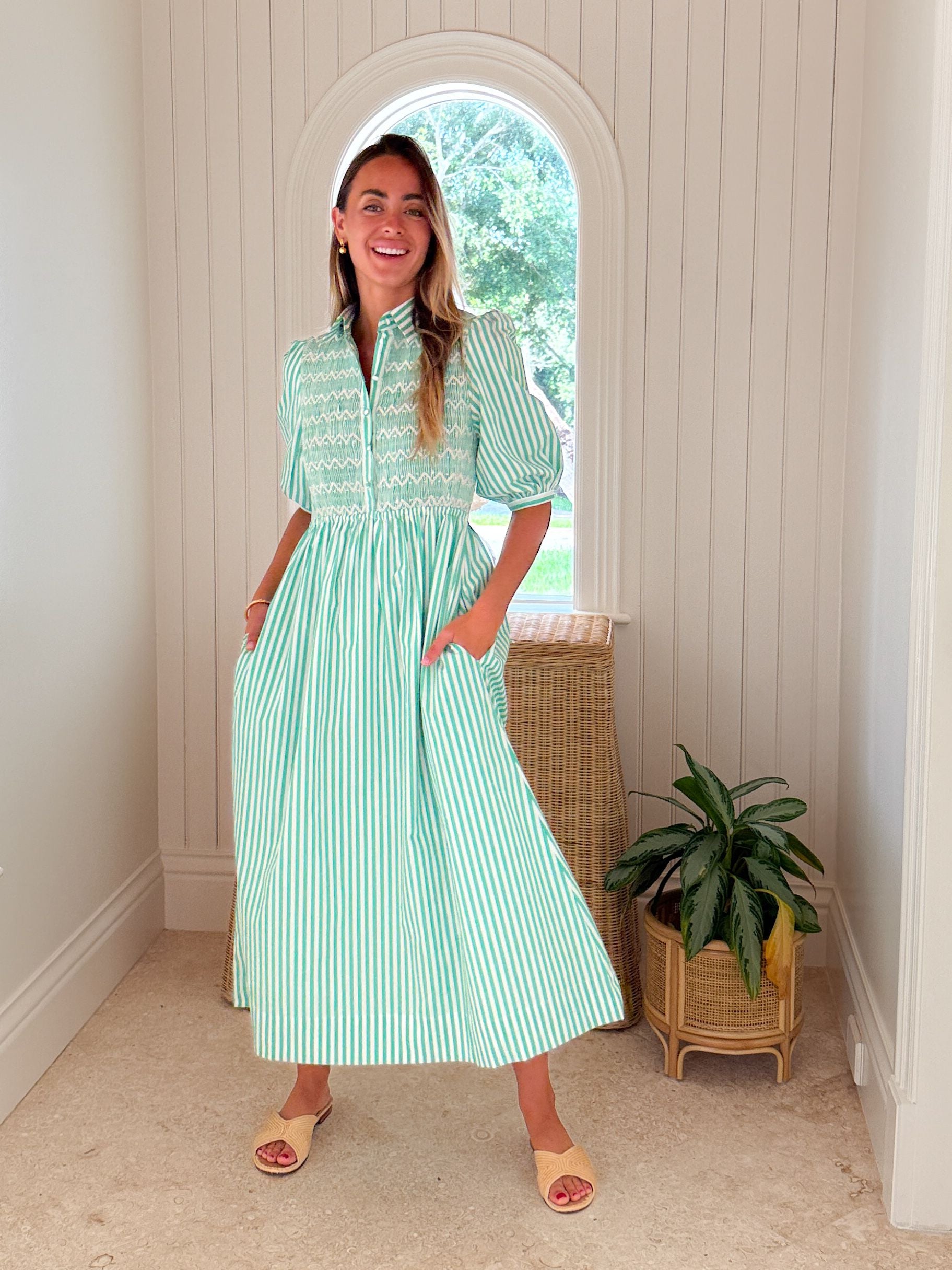 SMOCK LONDON Victoria Woodhull Dress Green Goddess Stripe  Matilda's Life  Style