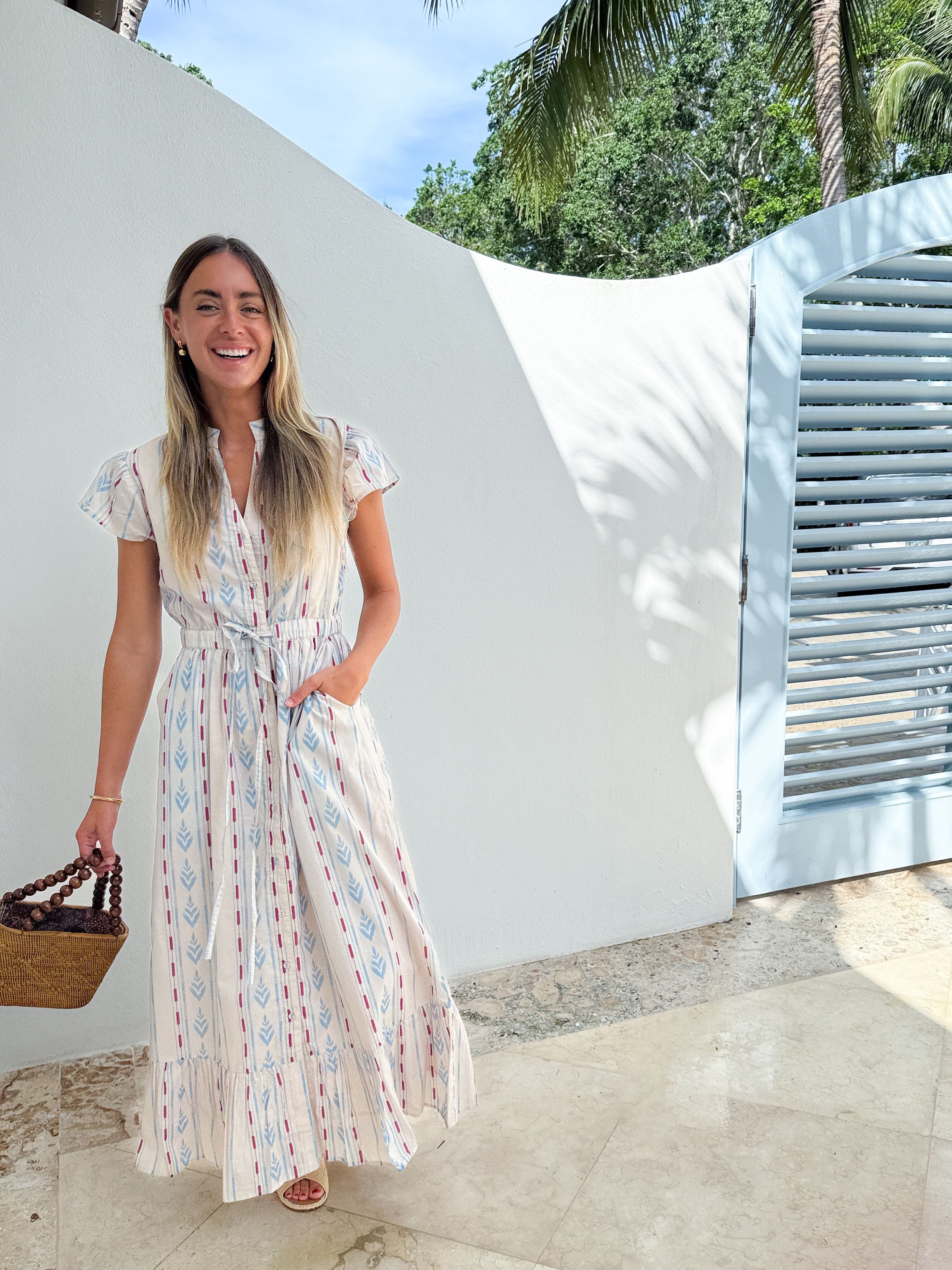 BEAU & RO Flutter Midi Dress Ikat Stripe Ivory
