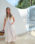 BEAU & RO Flutter Midi Dress Ikat Stripe Ivory