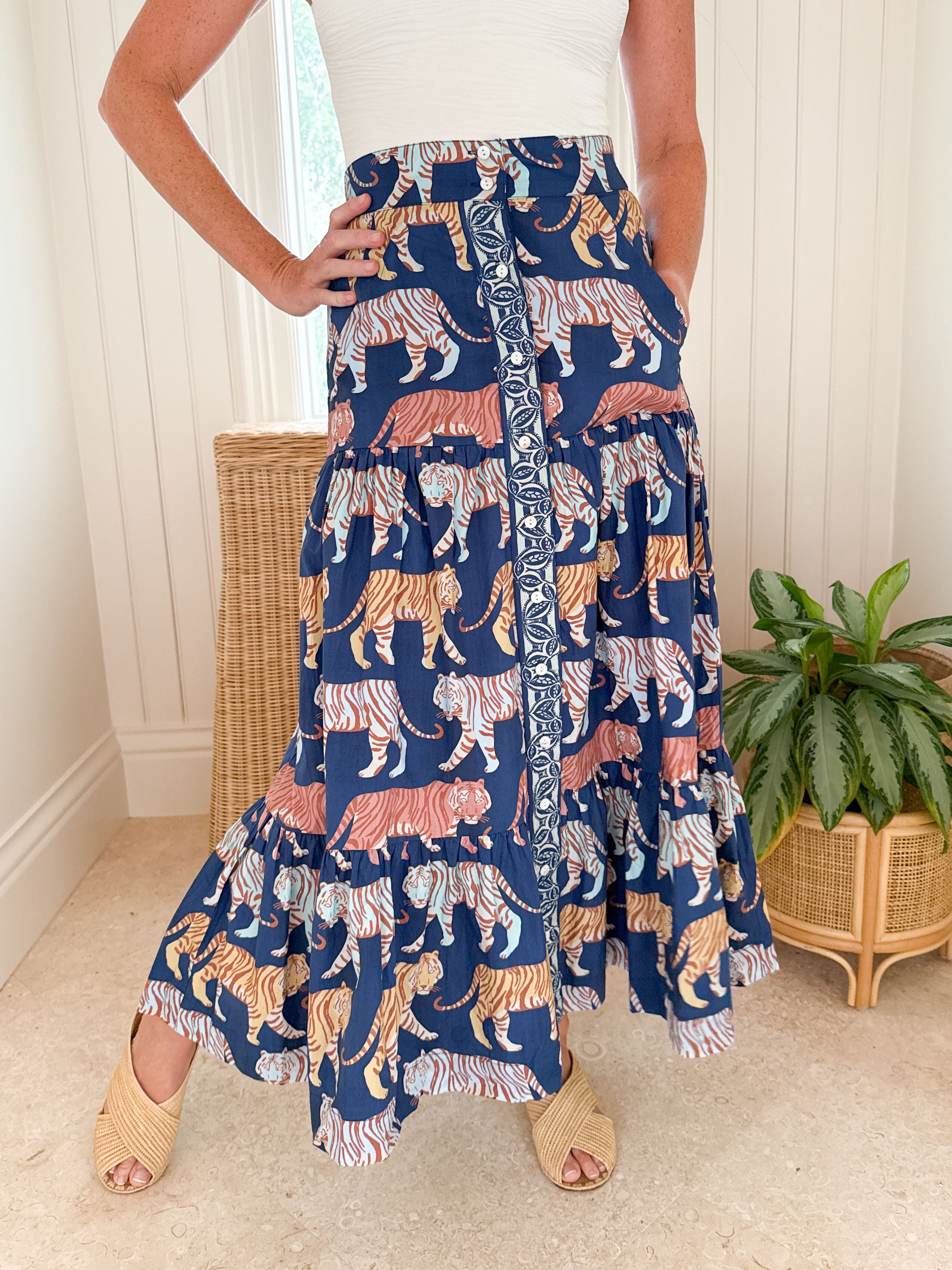 OLIPHANT Button Front Skirt Raj Navy