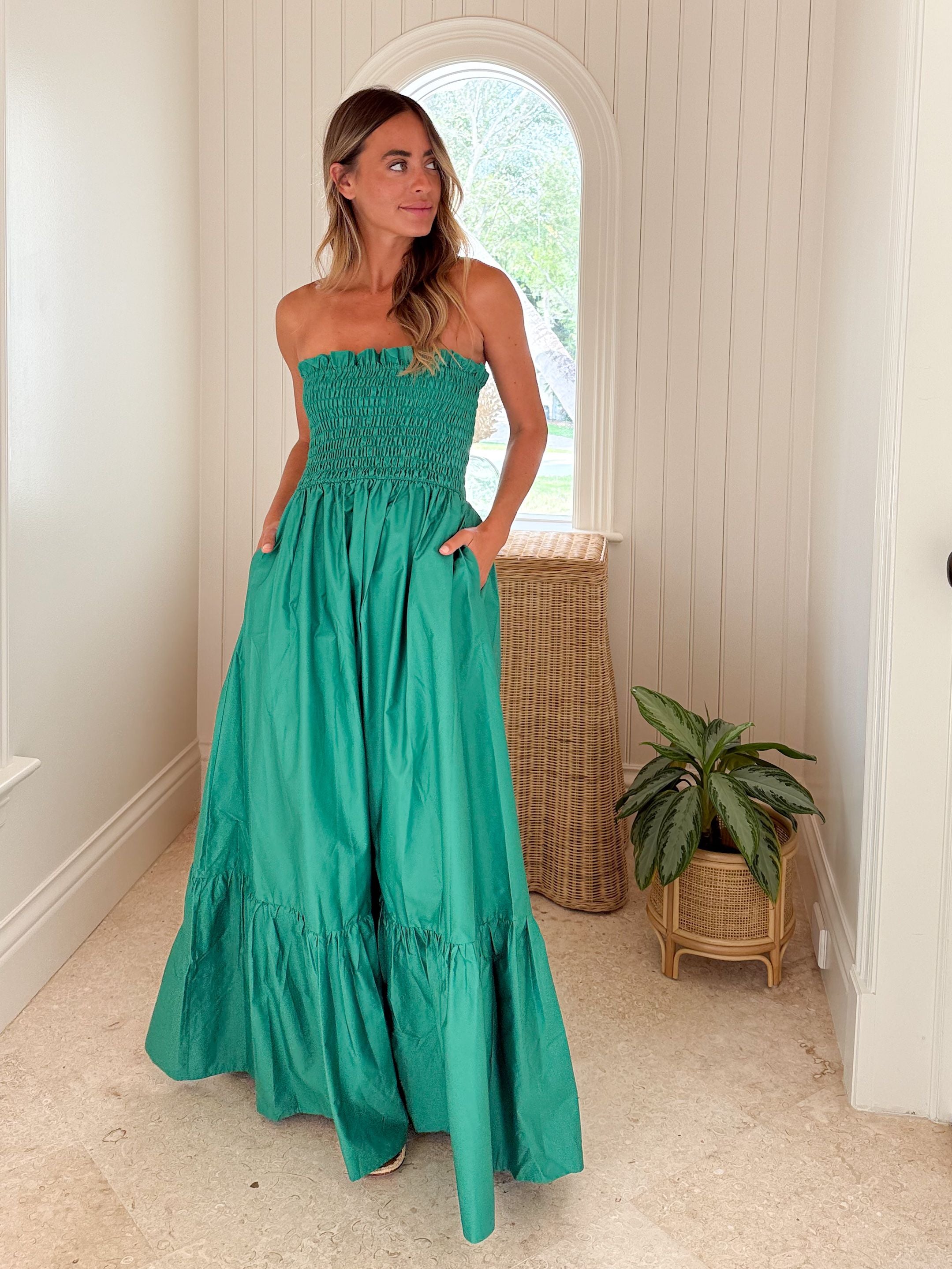 KASIA Cosmos Strapless Smocked Maxi Dress Green