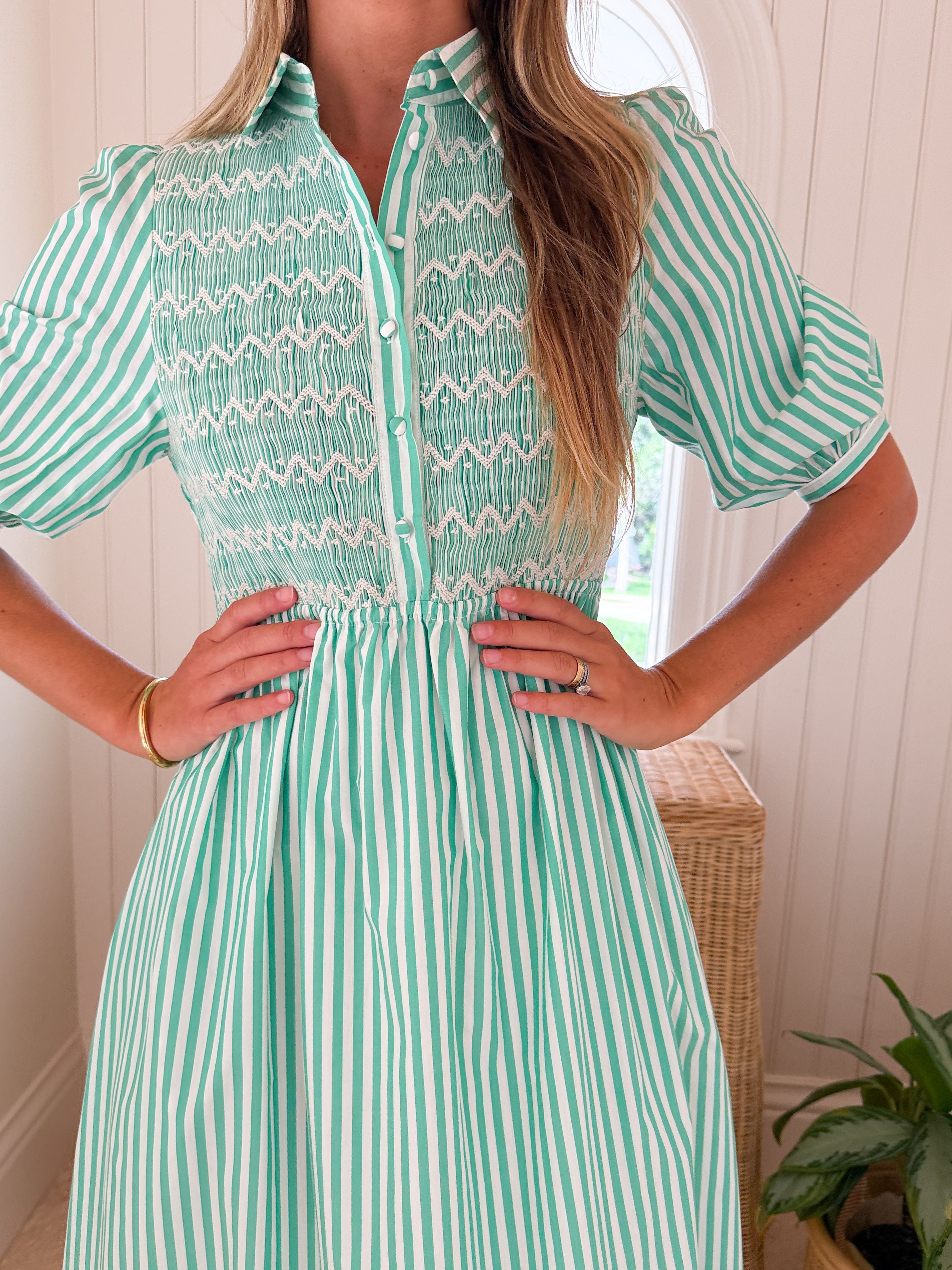 SMOCK LONDON Victoria Woodhull Dress Green Goddess Stripe