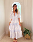 OLIPHANT V-Neck Puff Maxi Dress Amadora Blue