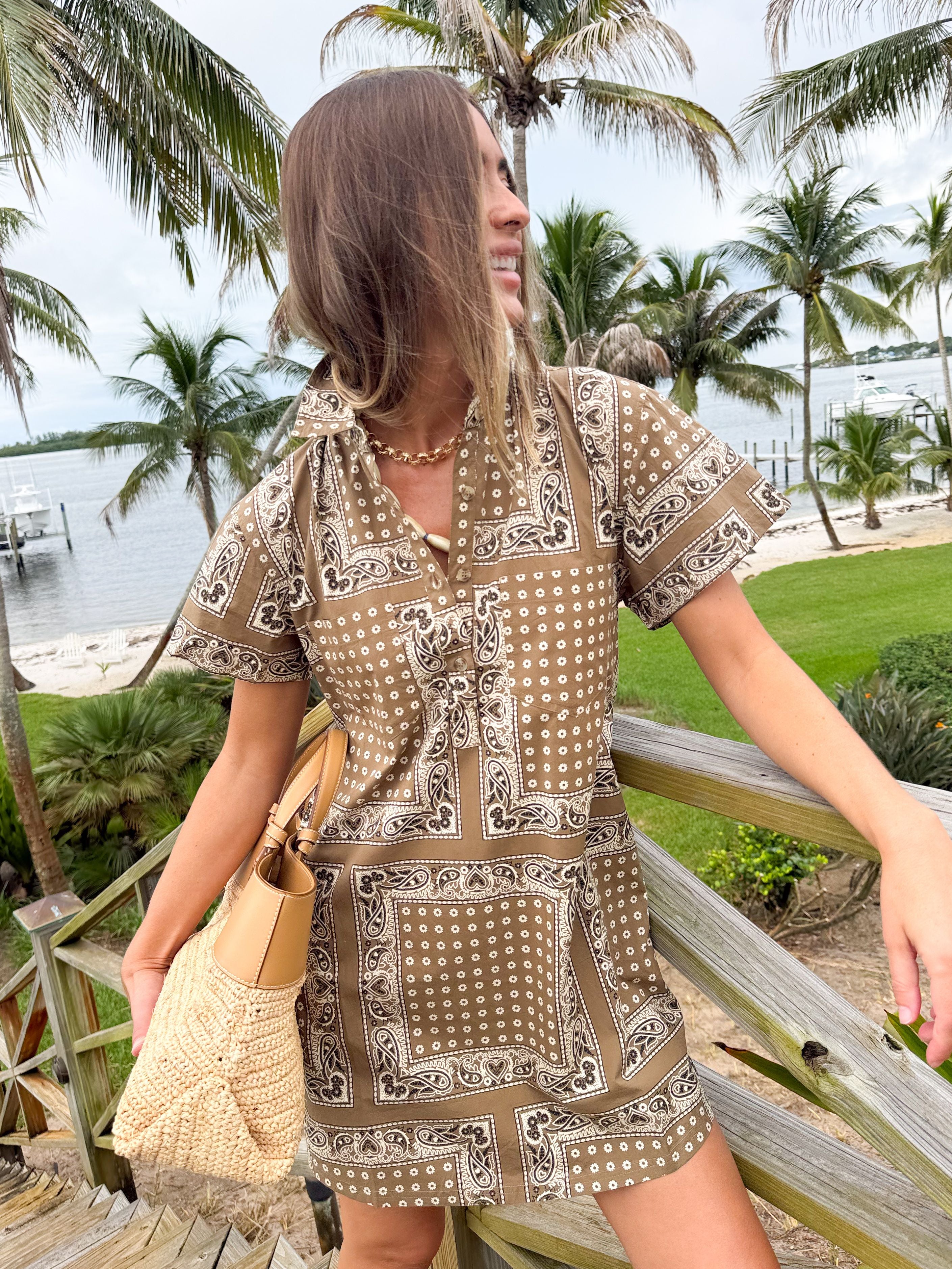 SUNSHINE TIENDA Getaway Mini Dress Olive Bandana