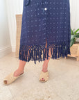 MER ST. BARTH Estelle Fringed Shirtdress Navy Turquoise Swiss Dot