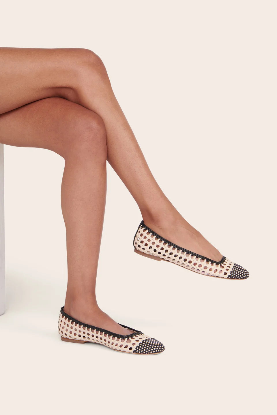 STAUD Nell Crochet Ballet Flat Cream/Black