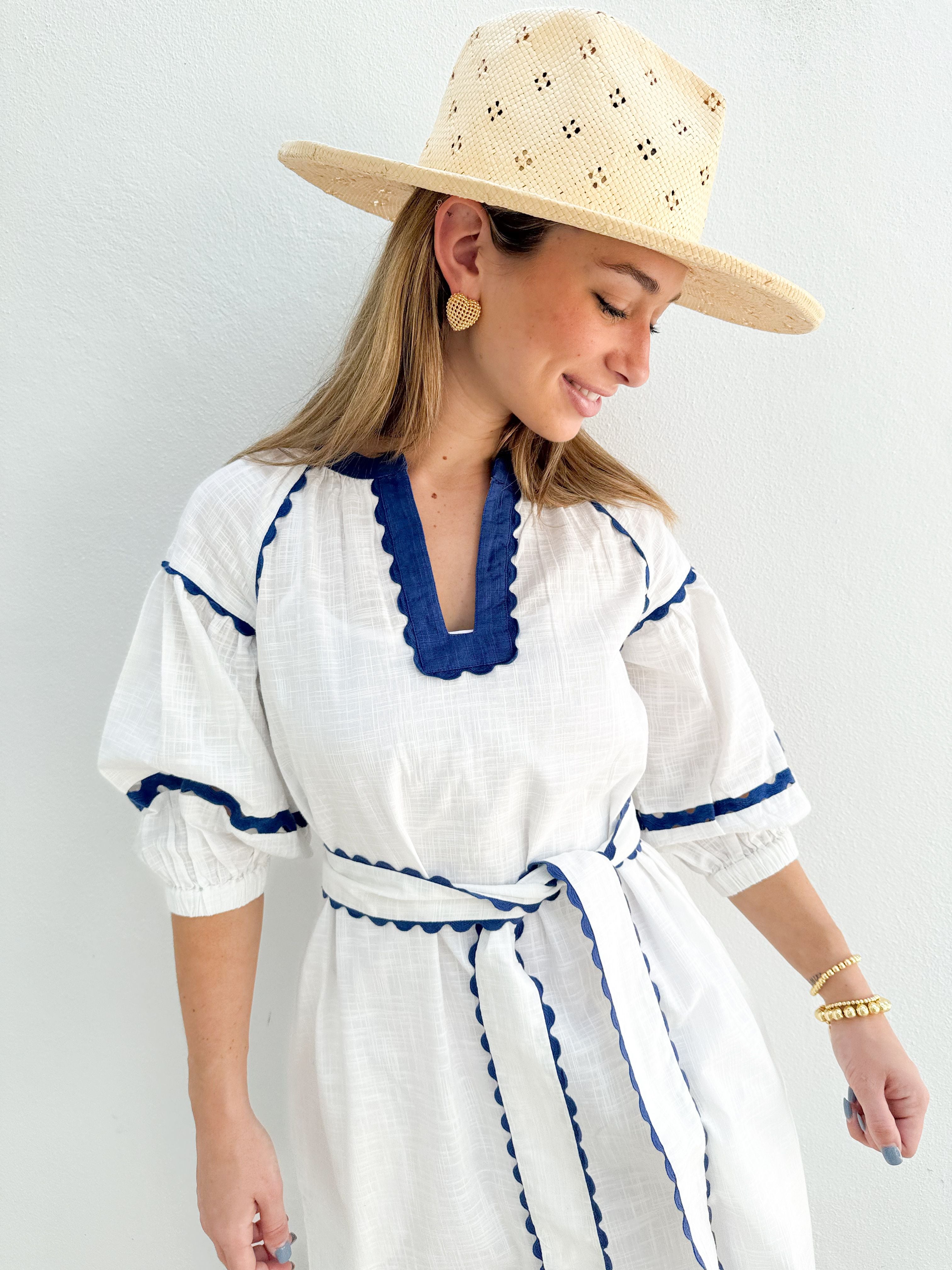 ROSE AND ROSE Fulham Dress White w/ Blue