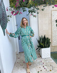 GUADALUPE Rambagh Stripe Emb Dress Green