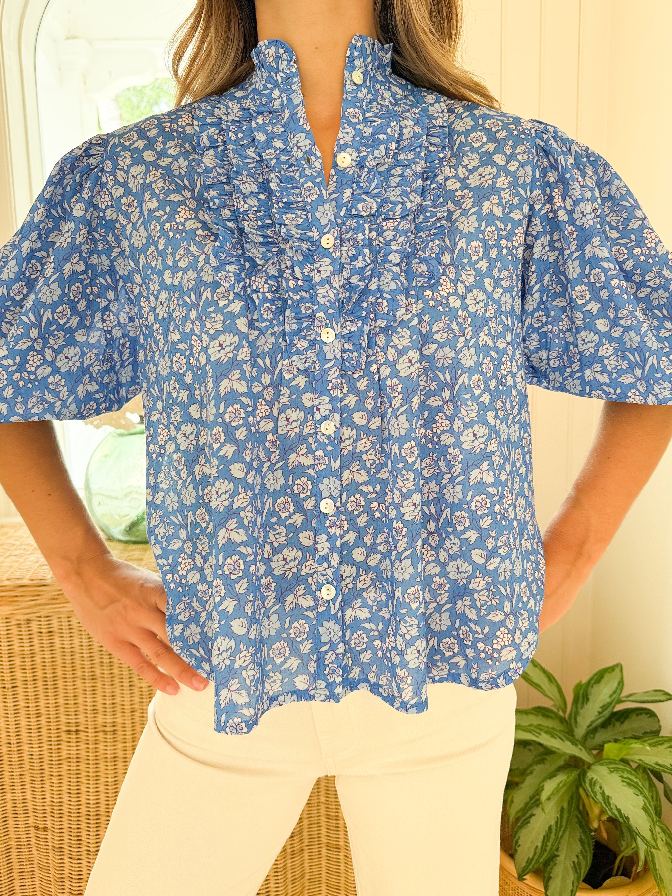 OLIPHANT Ruffle Front Button Blouse Ditsy Blue