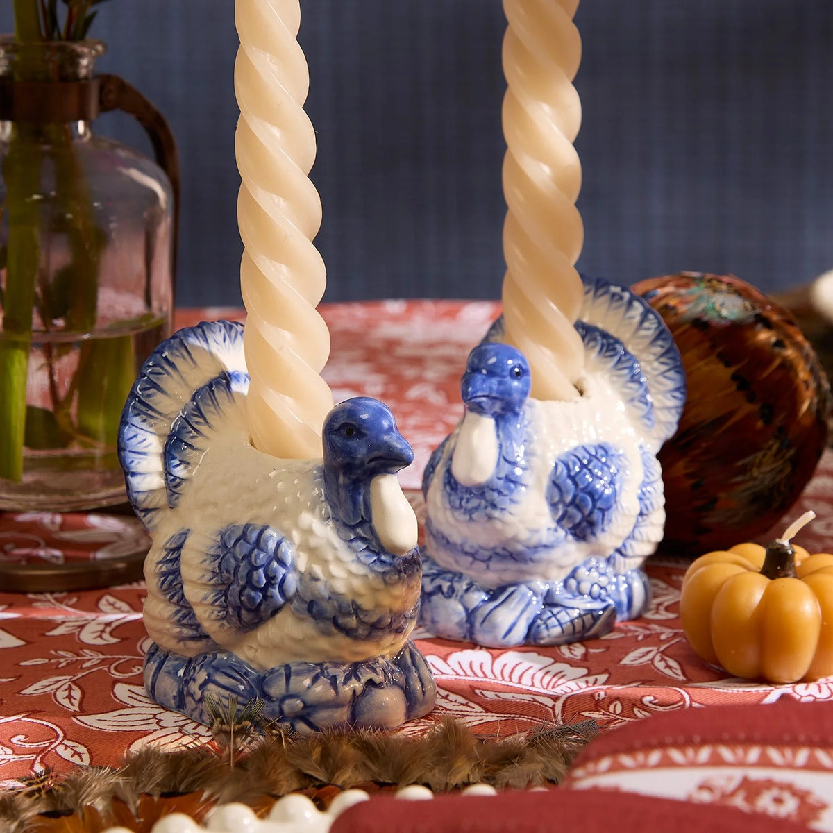 Blue &amp; White Turkey Candle Holders-Set/2