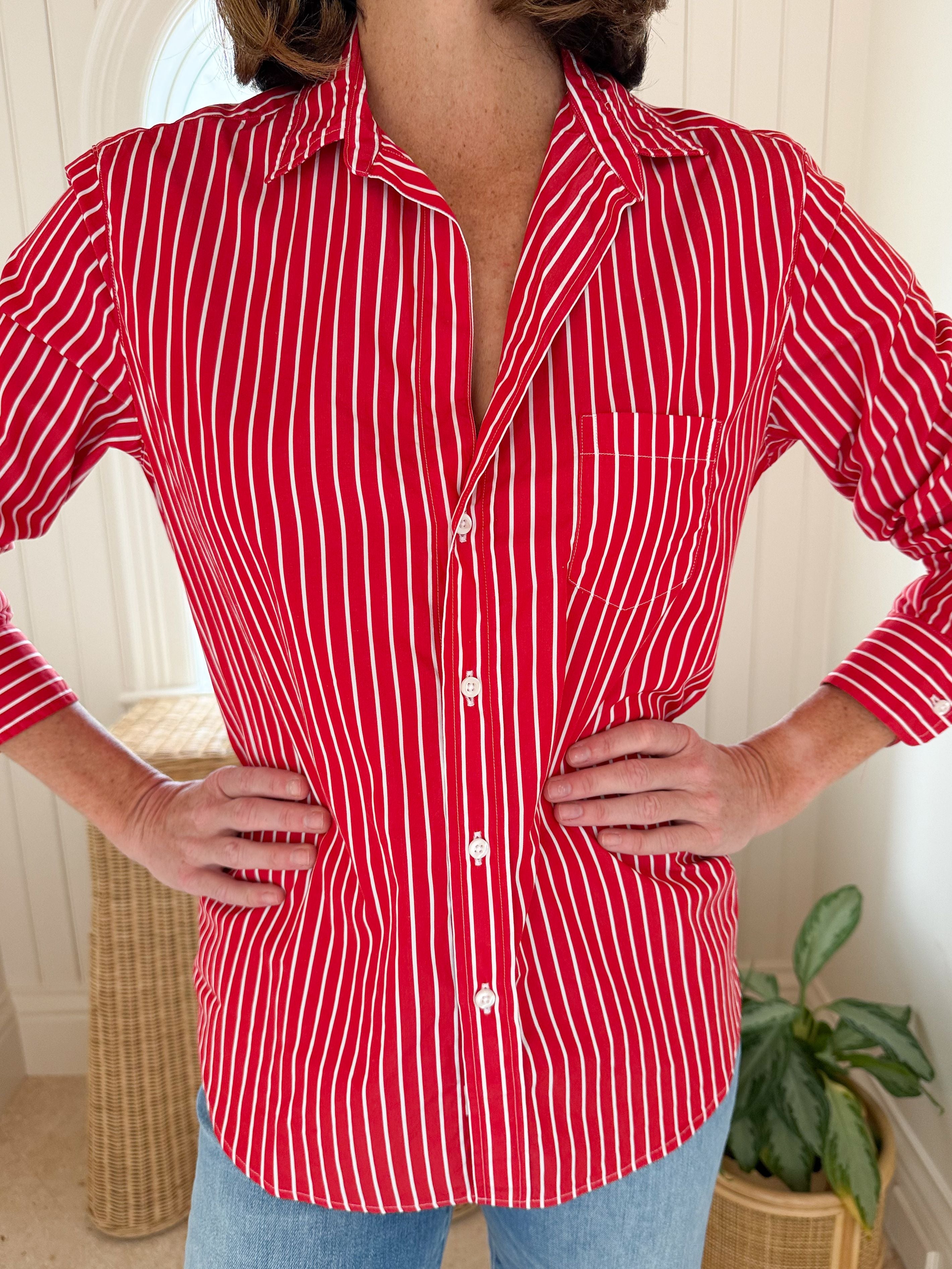 Frank&Eileen - フランクアンドアイリーン Frank&Eileen 衣料品 トップス コットン レディース レッド系 【中古】 FRANK & EILEEN Eileen Button Up Red Stripe – Matilda's Life Style