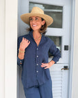 FRANK & EILEEN Eileen Button Up Navy Linen