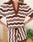 KIVARI Sarah Knit Polo Top Chocolate/Ivory Stripe