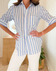 FRANK & EILEEN Joedy Button Up Wide White / Blue Stripe