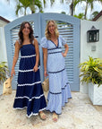 FINAL SALE SAIL TO SABLE V-Neck Puff Sleeve Maxi Blue & White Stripe