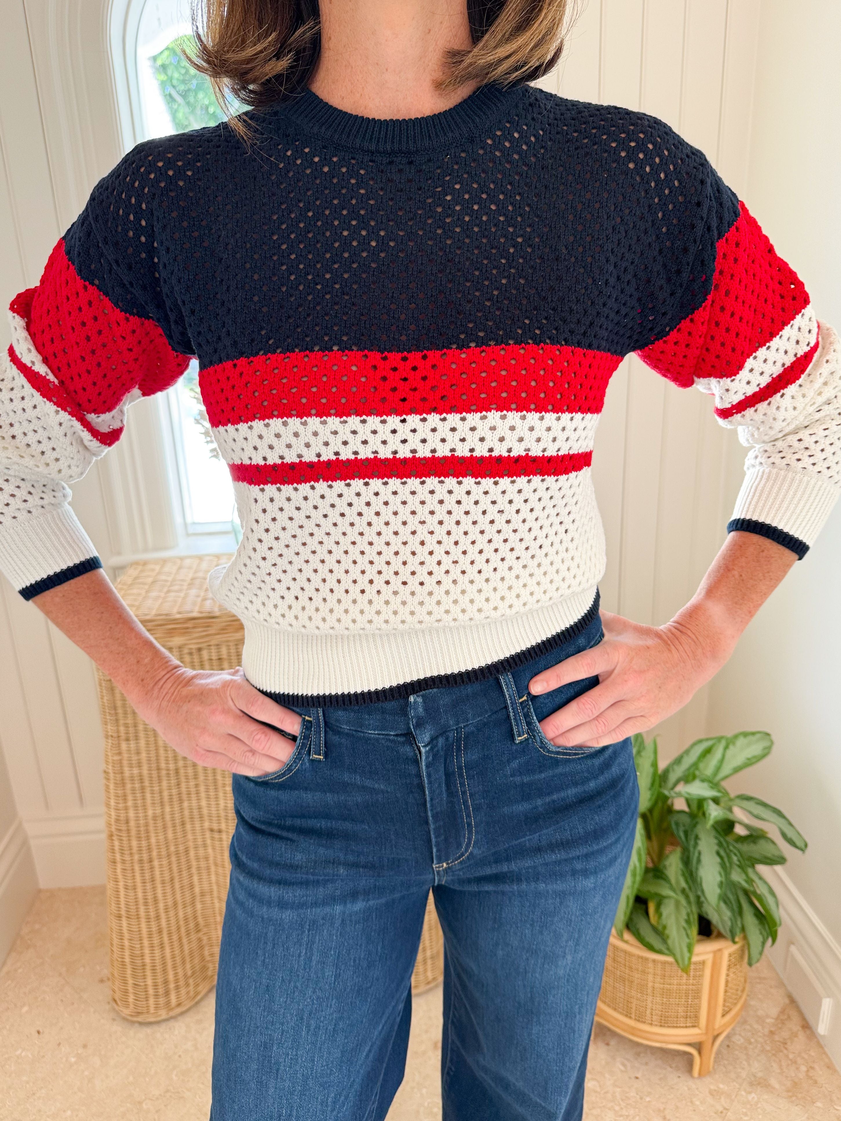 WALKER &amp; WADE Riverside Crewneck Sweater Red/White/Blue Stripe