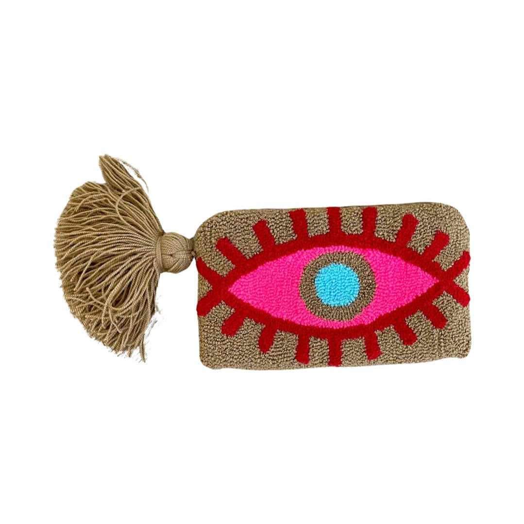 LE POM POM Tan and Pink Eye Coin Purse with Tassel
