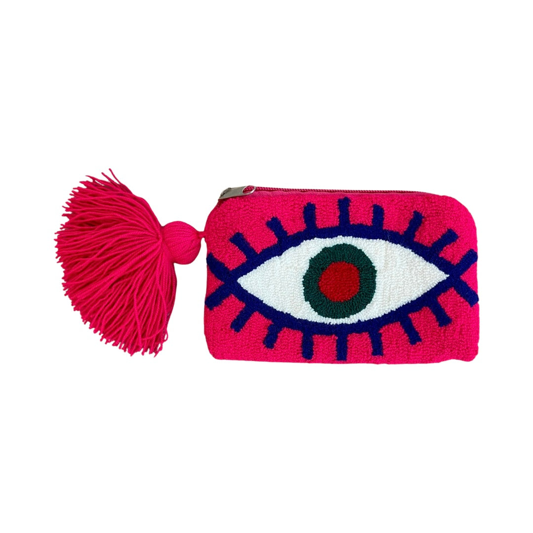 LE POM POM Pink and White Eye Coin Purse with Tassel