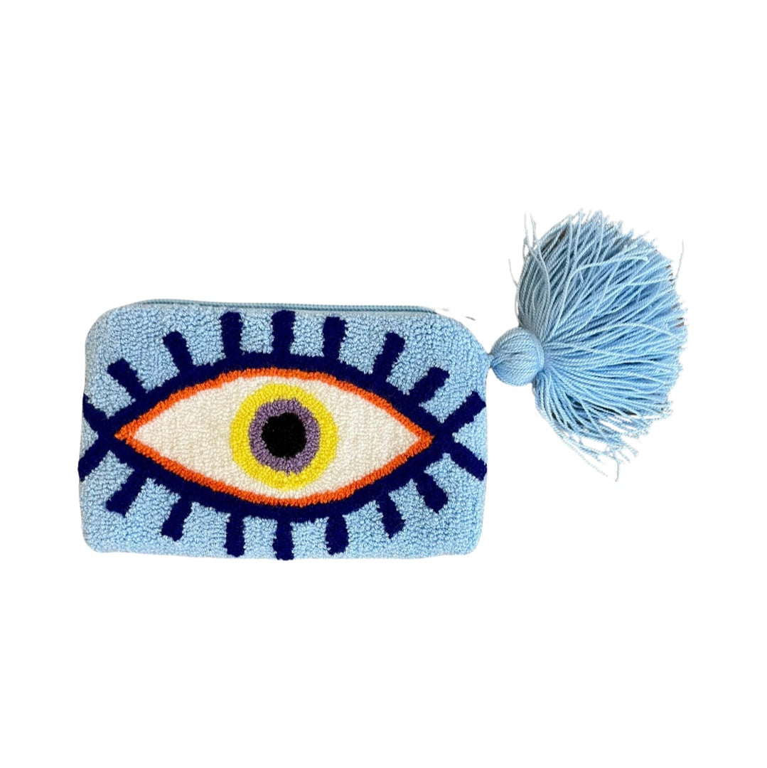 LE POM POM Blue and White Eye Coin Purse with Tassel
