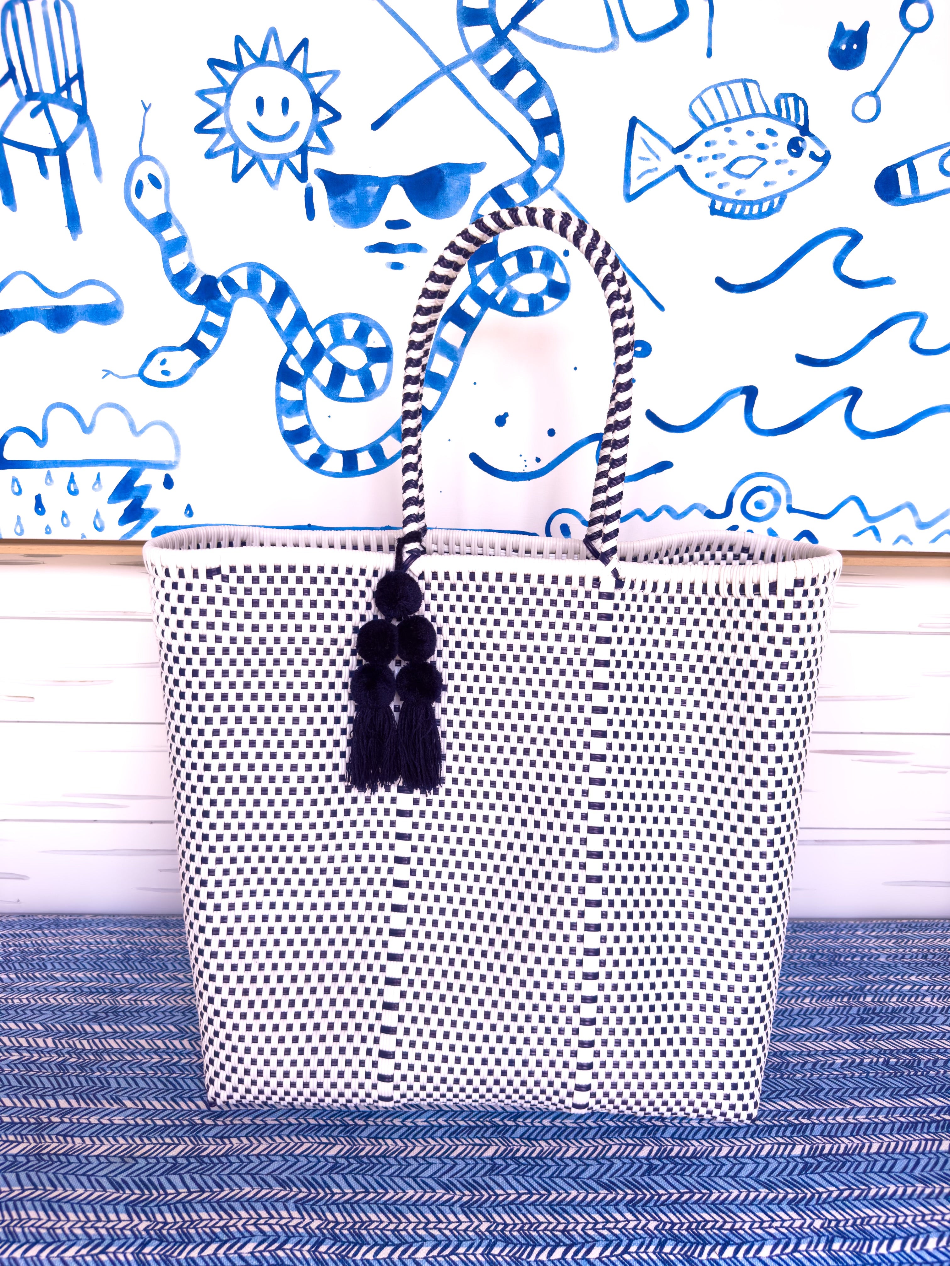 Large Open Tote White/Navy