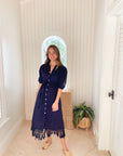 MER ST. BARTH Estelle Fringed Shirtdress Navy Turquoise Swiss Dot