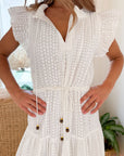 OLIPHANT Cinched Flirty Midi Dress Domino White