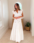OLIPHANT Cinched Flirty Midi Dress Domino White