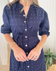 MER ST. BARTH Estelle Fringed Shirtdress Navy Turquoise Swiss Dot