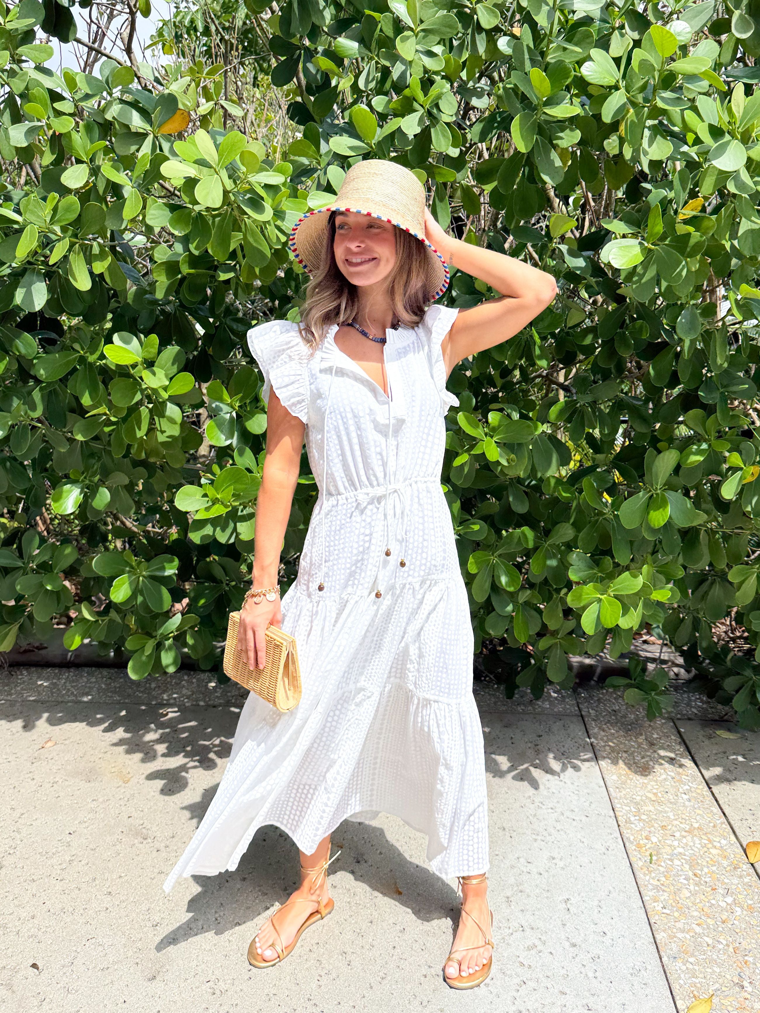 OLIPHANT Cinched Flirty Midi Dress Domino White