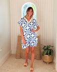 FRAE The Janie Short Caftan Blue Tile Block