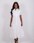 FINAL SALE Puff Sleeve Tie Waist Midi Dress White Floral Eyelet