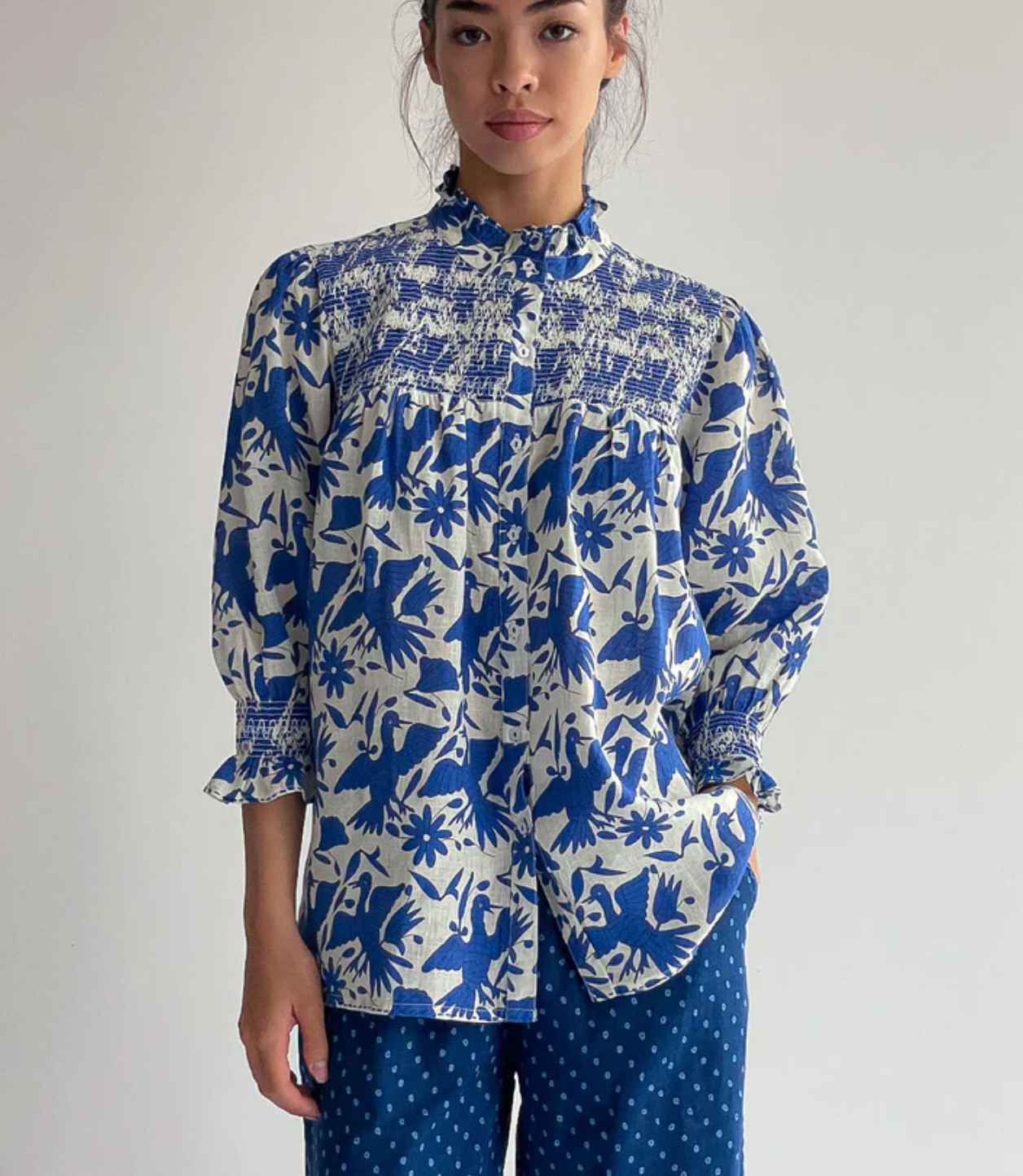 FINAL SALE NIMO WITH LOVE Petunia Blouse Mexican Bird Blue