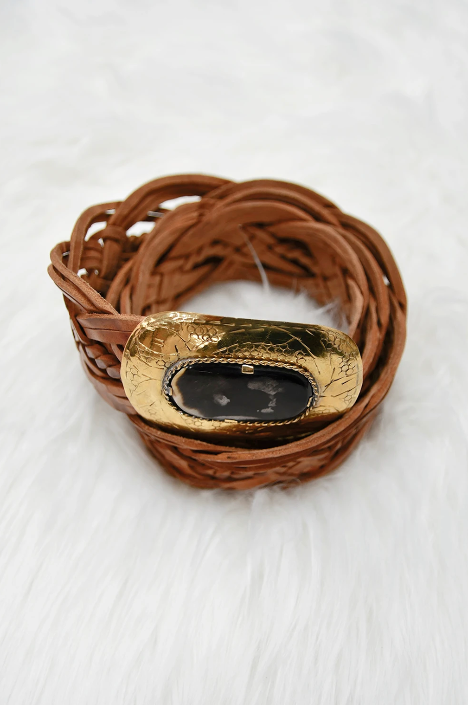 Leather Belt Woven With Oval Buckle Tan