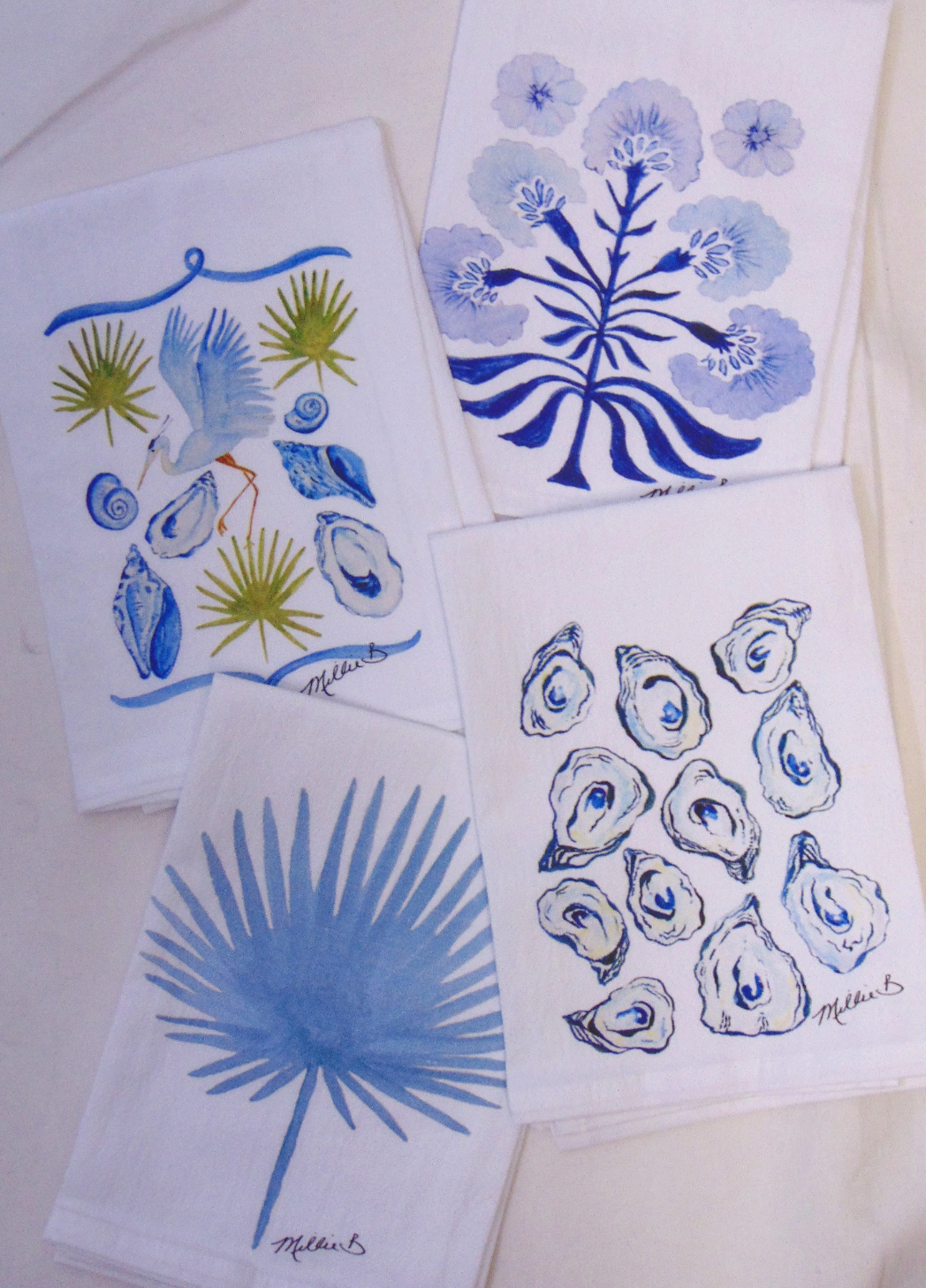 Watercolor Blue Palm Frond Print White Flour Sack Towel
