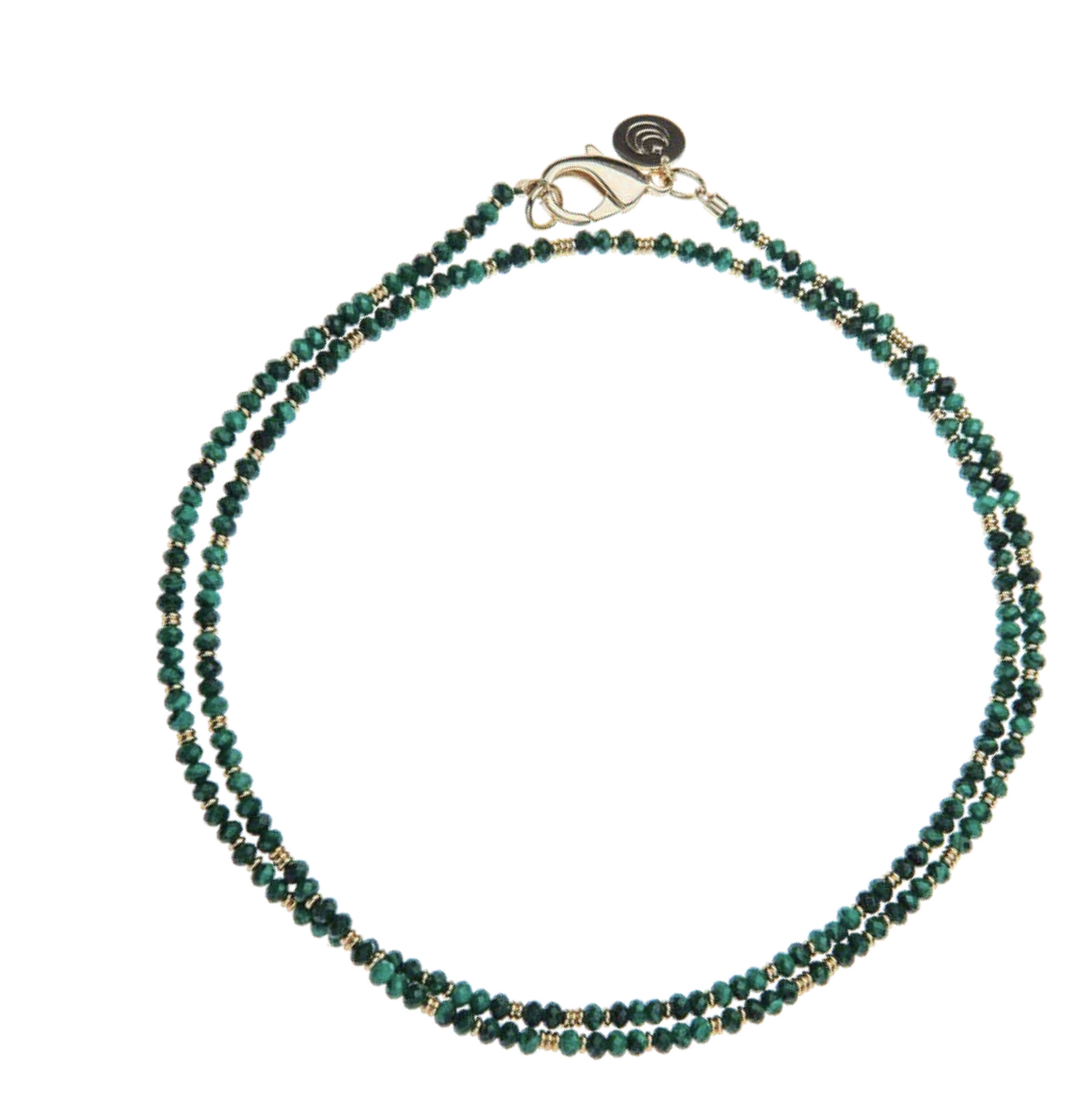 JANE WIN Diamond Cut Double Wrap Beaded Necklace Malachite/Gold