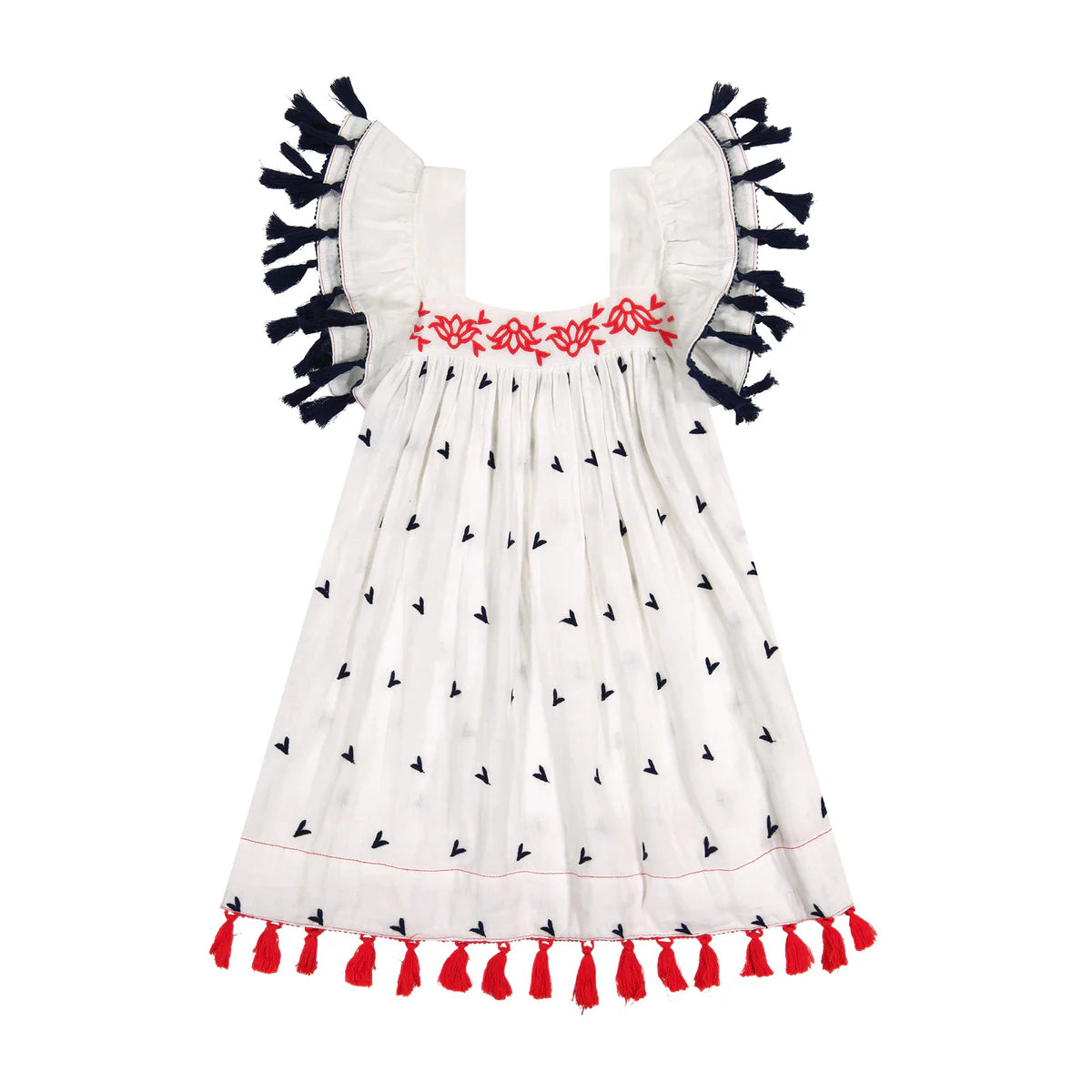 MER ST. BARTH Girl&#39;s Serena Dress Red, White, Navy Embroidery
