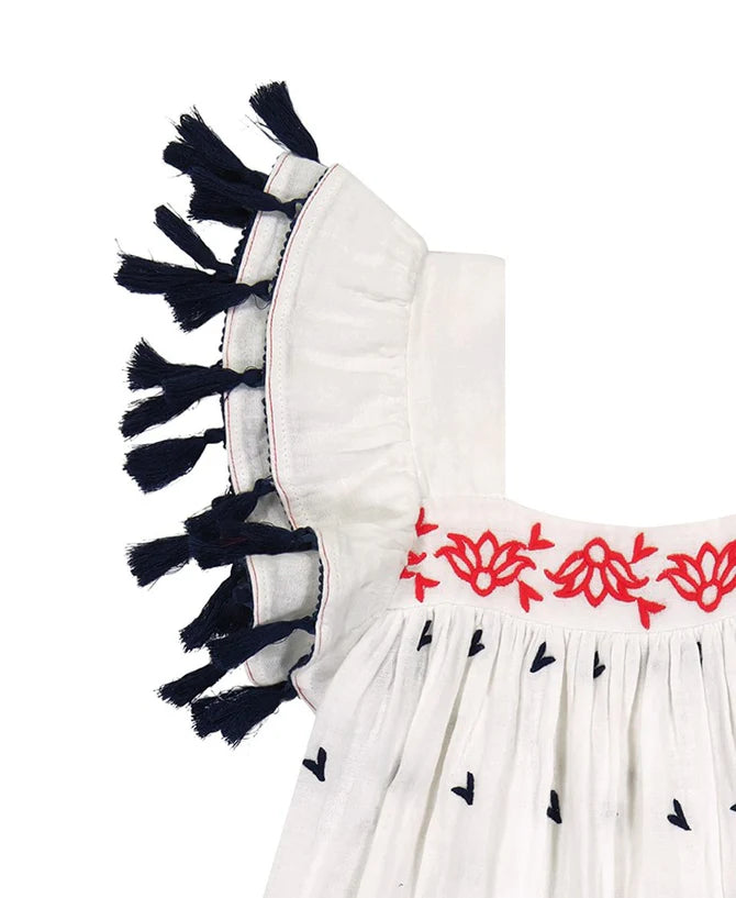 MER ST. BARTH Girl&#39;s Serena Dress Red, White, Navy Embroidery