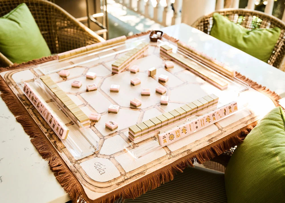 The Veranda Mahjong Mat-Bamboo Neutral with Fringe
