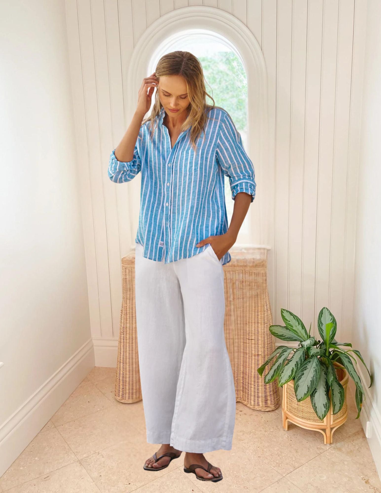 FRANK &amp; EILEEN Eileen Button Up Turquoise/White Stripe