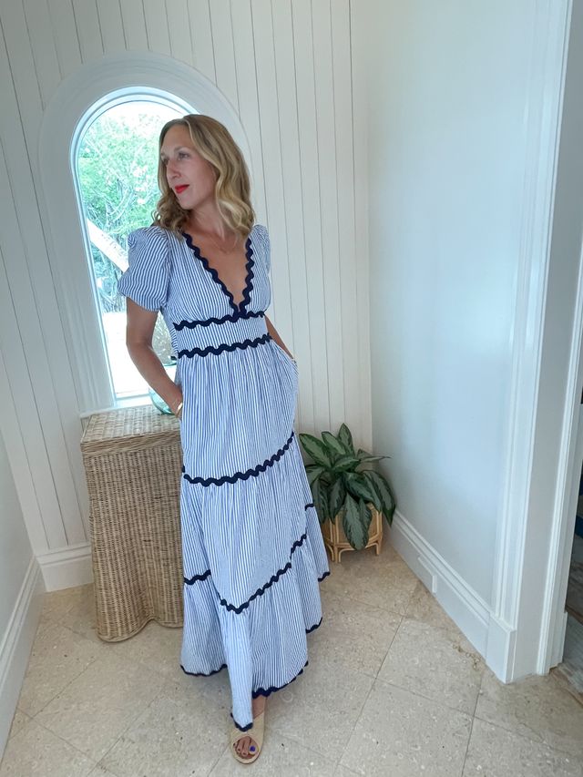 FINAL SALE SAIL TO SABLE V-Neck Puff Sleeve Maxi Blue &amp; White Stripe