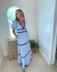 FINAL SALE SAIL TO SABLE V-Neck Puff Sleeve Maxi Blue & White Stripe